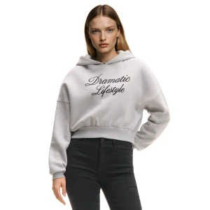 Cropp - Jasnoszara bluza z kapturem i sloganem - jasny szary