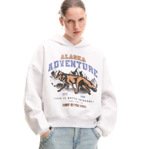 Cropp - Jasnoszara hoodie z retro nadrukiem - jasny szary