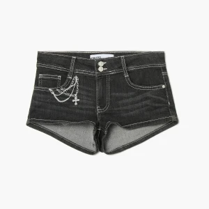 Cropp - Jeansowe mikroszorty z nadrukiem łańcucha - czarny