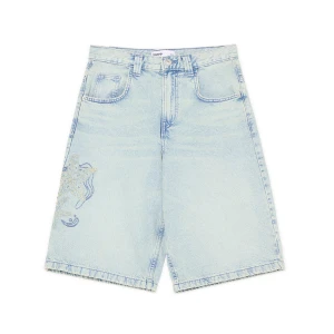Cropp - Jeansowe szorty baggy z haftem - błękitny