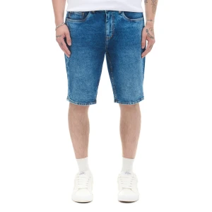 Cropp - Jeansowe szorty regular z efektem sprania - niebieski