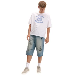 Cropp - Jeansowe szorty skater z efektem sprania - niebieski