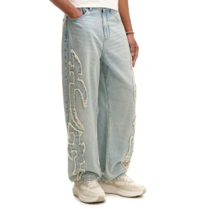 Cropp - Jeansy baggy z efektem sprania i aplikacjami - niebieski