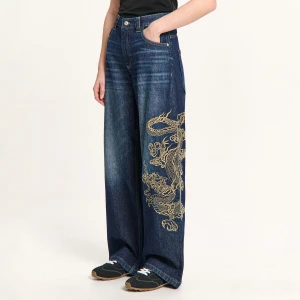 Cropp - Jeansy baggy ze smokiem - granatowy