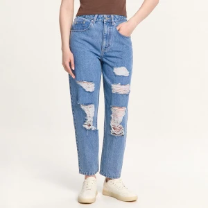 Cropp - Jeansy barrel z postrzępionymi nogawkami - niebieski