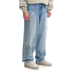 Cropp - Jeansy super baggy z nadrukami - niebieski