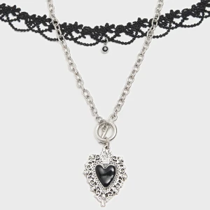 Cropp - Koronkowy choker i naszyjnik z zawieszką serca - srebrny