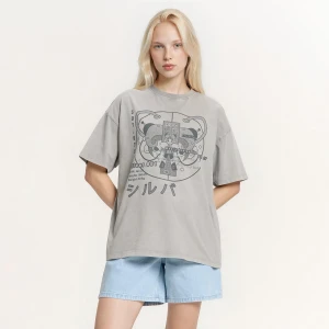 Cropp - Koszulka oversize z autorskim nadrukiem - jasny szary