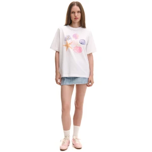 Cropp - Koszulka small oversize z nadrukiem - biały