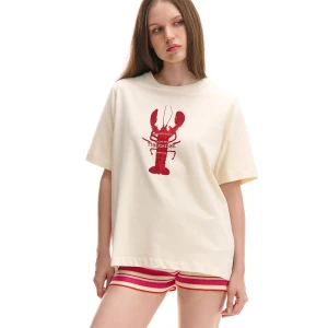 Cropp - Koszulka small oversize z nadrukiem - kremowy