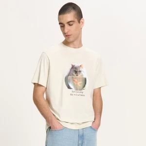 Cropp - Koszulka z motywem kota i akwarium - błękitny