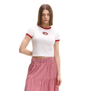 Cropp - Koszulka z nadrukiem ust i ozdobnym wykończeniem - biały