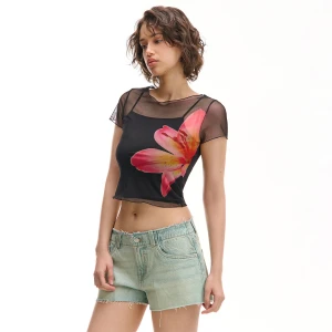 Cropp - Koszulka z siateczkowym wykończeniem - czarny