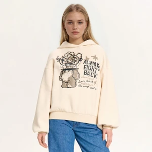 Cropp - Kremowa bluza z kapturem i nadrukiem - kremowy