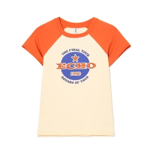 Cropp - Kremowa koszulka z kolorowymi nadrukami - jasnopomarańczowy