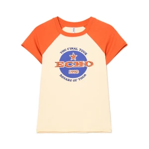 Cropp - Kremowa koszulka z kolorowymi nadrukami - jasnopomarańczowy