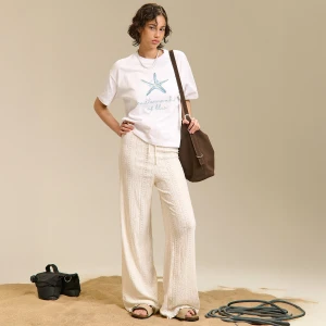 Cropp - Kremowe ażurowe spodnie - kremowy