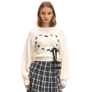 Cropp - Kremowy sweter z dodatkiem wełny i wstążką - kremowy