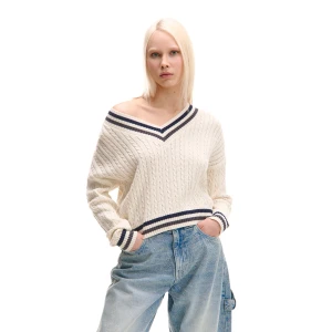 Cropp - Kremowy sweter z pasiastym wykończeniem - kremowy