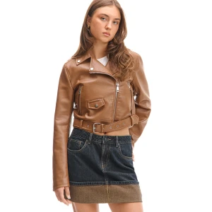 Cropp - Kurtka biker z imitacji skóry - brązowy