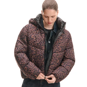 Cropp - Kurtka puffer w panterkę z kapturem - szary