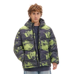 Cropp - Kurtka puffer z kapturem i organicznym wzorem - zielony