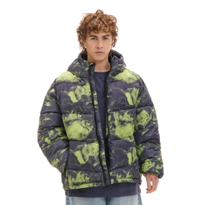 Cropp - Kurtka puffer z kapturem i organicznym wzorem - zielony