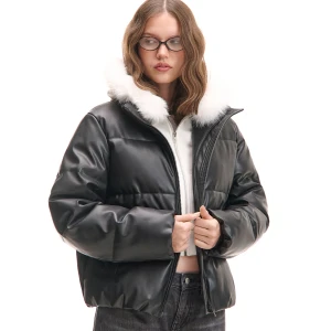 Cropp - Kurtka z efektem skóry i stójką - czarny