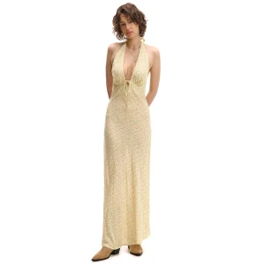 Cropp - Kwiatowa sukienka wiązana na szyi - żółty