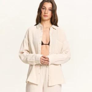 Cropp - Marszczona kremowa koszula oversize - kremowy