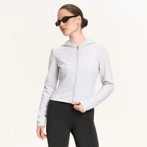 Cropp - Melanżowa zapinana bluza z kapturem - jasny szary