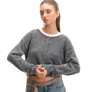 Cropp - Melanżowy szary sweter kardigan basic - szary