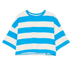 Cropp - Niebieski T-shirt boxy oversize w paski - niebieski
