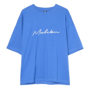 Cropp - Niebieski T-shirt z tekstowym haftem - niebieski