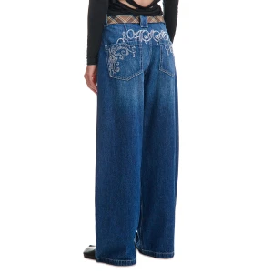 Cropp - Niebieskie jeansy baggy z haftem - granatowy