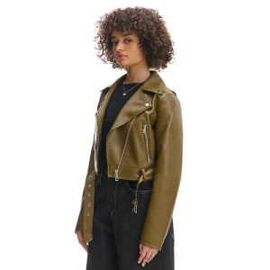 Cropp - Oliwkowa kurtka biker z imitacji skóry - zielony