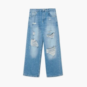 Cropp - Postrzępione jeansy baggy z efektem sprania - niebieski