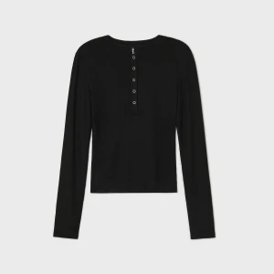 Cropp - Prążkowana koszulka longsleeve z zatrzaskami - czarny