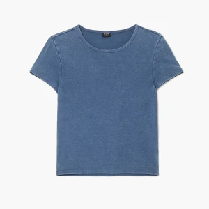 Cropp - Prążkowana koszulka z efektem sprania - granatowy