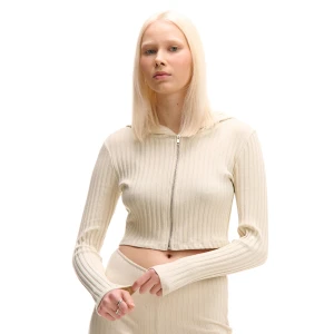 Cropp - Prążkowana kremowa bluza z kapturem - beżowy