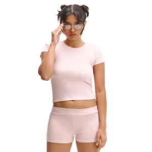 Cropp - Prążkowana różowa koszulka - różowy