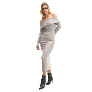 Cropp - Prążkowana szara sukienka maxi - jasny szary