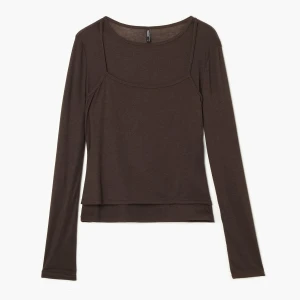 Cropp - Prześwitująca koszulka longsleeve 2 w 1 - brązowy