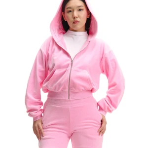 Cropp - Różowa welurowa bluza z kapturem - różowy