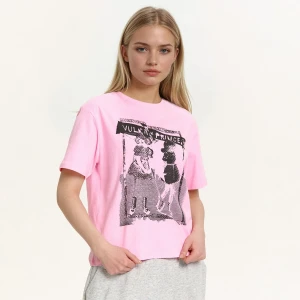 Cropp - Różowy T-shirt ze spranym nadrukiem - fioletowy