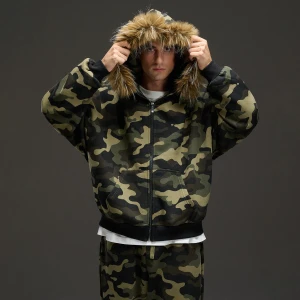Cropp - Rozpinana bluza moro z kapturem - zielony