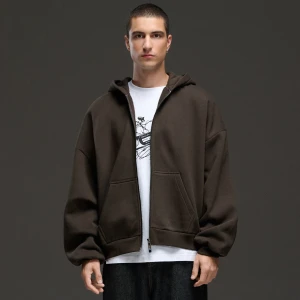 Cropp - Rozpinana brązowa bluza heavyweight z kapturem - brązowy