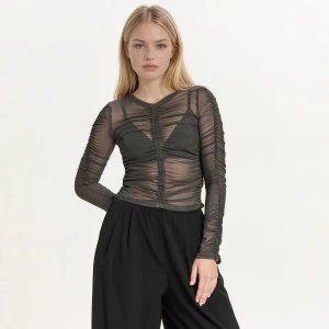 Cropp - Siateczkowa bluzka z marszczeniami - szary