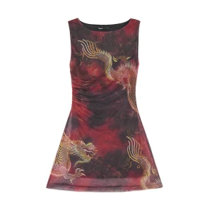 Cropp - Siateczkowa sukienka mini z motywem smoka - wielobarwny