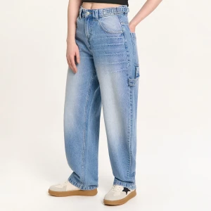 Cropp - Sprane jeansy skater balloon z paskami - niebieski